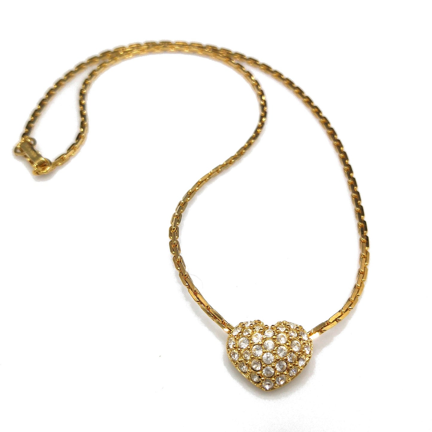 Swarovski Swan Logo Heart Necklace, Pavé Rhinestones, Gold Plated, 1990s Vintage