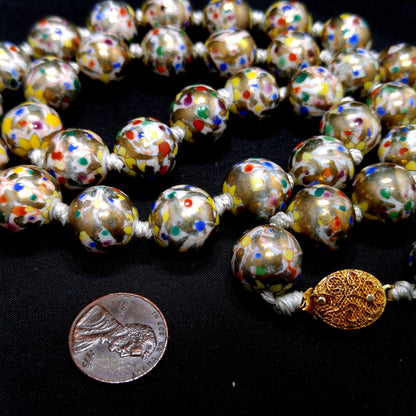 Vintage Chinese Hand Knotted Beaded Necklace, Hand Painted Floral Beads, 1940s Vintage Jewelry