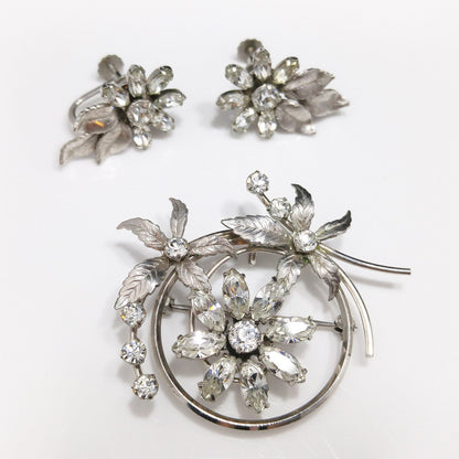 Krementz Silver Tone Clear Rhinestone Brooch, Rhodium Plated, Screw Back Earrings, 1940s