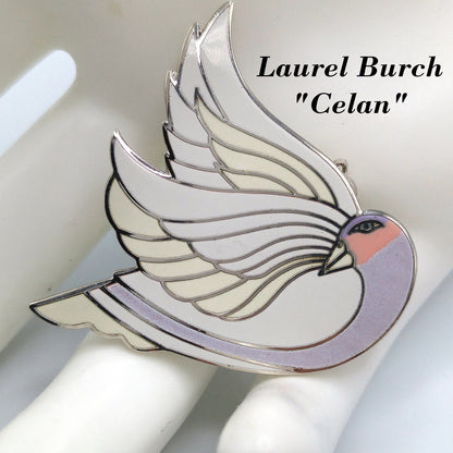 Laurel Burch "Celan" Bird Brooch, Rhodium Plated, White Lavender Enamel, 1980s Vintage Jewelry