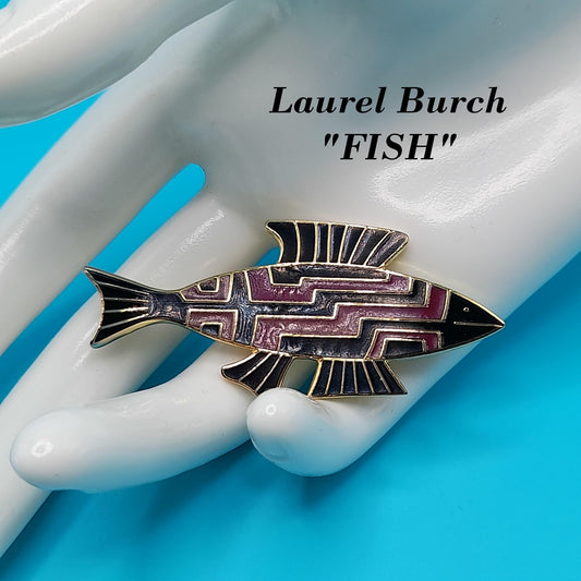 Vintage Laurel Burch "FISH" Brooch, Gold Plated, Black Brown Enamel, 1980s