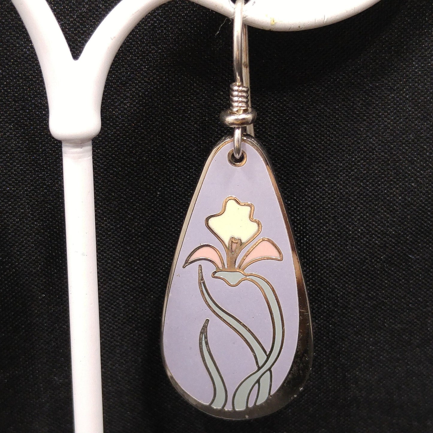 Laurel Burch "Wild Iris" Cloisonne Earrings, Lavender Enamel, White & Pink Flower, Rhodium Plate, 1980s Vintage Jewelry