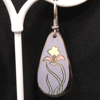 Laurel Burch "Wild Iris" Cloisonne Earrings, Lavender Enamel, White & Pink Flower, Rhodium Plate, 1980s Vintage Jewelry