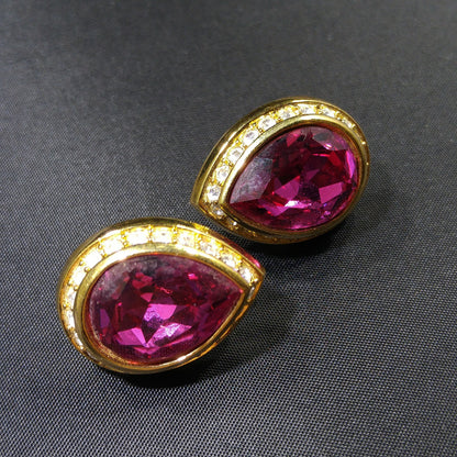 Vintage Swarovski Pink Teardrop Crystal Earrings 1990s Gold Swan Logo Signed