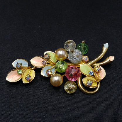 Kramer Made in Austria Floral Brooch, Rhinestones & Enamel Pastels 1950s Vintage