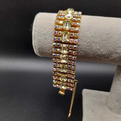 Jonquil Aurora Borealis Rhinestone Wide Bracelet, Gold Plated, 1960s Vintage Jewelry