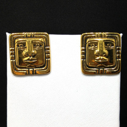 Vintage Laurel Burch Aztec Face Post Earrings, Gold Plated