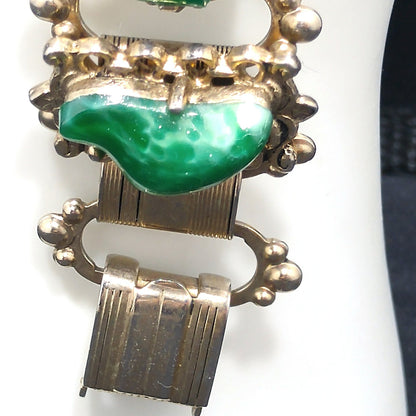 Vintage Book Chain Glass Links Bracelet, Green Red Brown White Glass, 1950s Vintage Jewelry