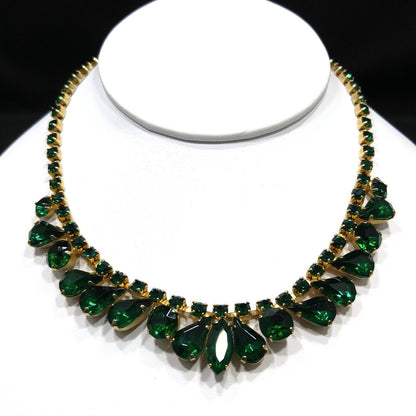 Vintage Emerald Green Rhinestone Choker Necklace, Gold Plated, 14 3/4 Inches, 1960s Vintage Jewelry