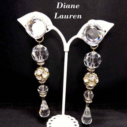 Vintage Diane Lauren Long Crystal Drop Earrings 1980s Clip On Runway Signed