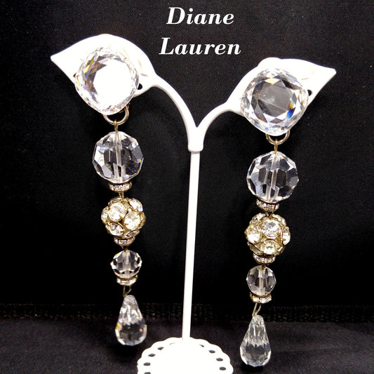 Vintage Diane Lauren Long Crystal Drop Earrings 1980s Clip On Runway Signed