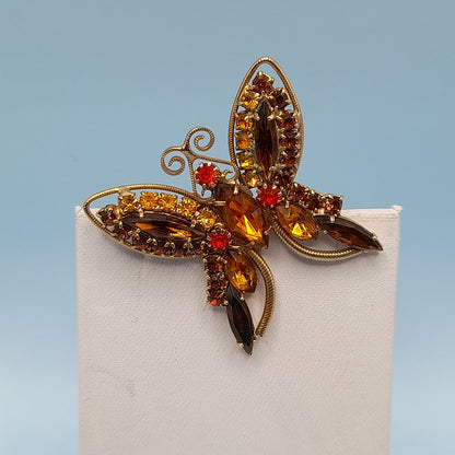 Vintage Butterfly Brooch Topaz Orange Gold Rhinestones