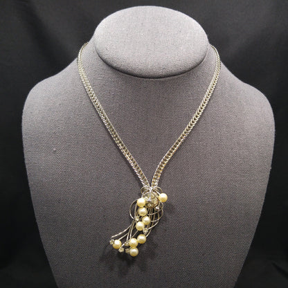 Hobe’ Mid Century Rhodium Faux Pearl Rhinestone Pendant Necklace 1950s