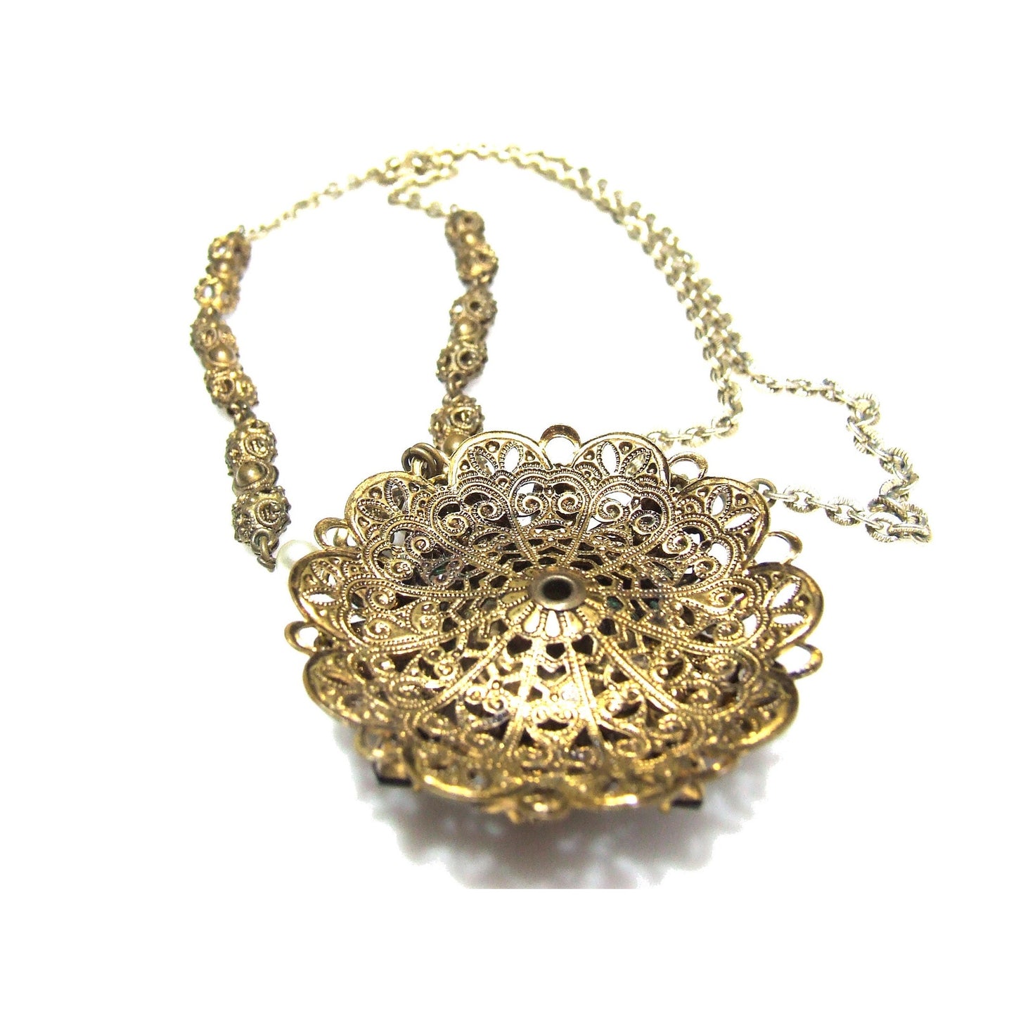West Germany Carnival Glass Topaz Rhinestone Necklace, Faux Pearls, Filigree 1950s Vintage Jewelry