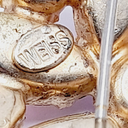 WEISS Red & Pink Rhinestone Round Vintage Brooch – Gold Plated 1960s