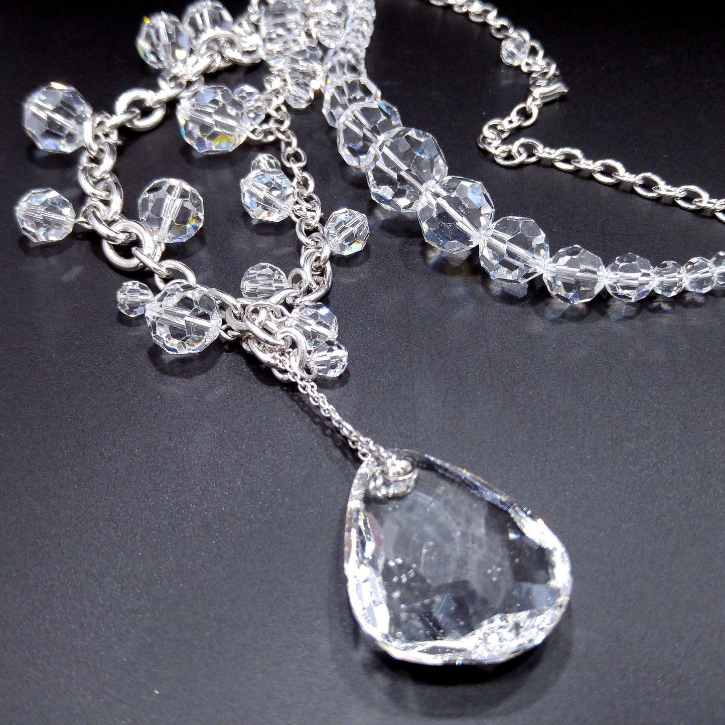 Vintage Swarovski Swan Logo Long Crystal Necklace Teardrop Pendant 1990s