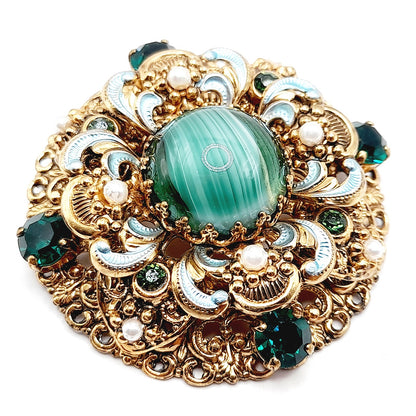 Vintage West Germany 1950s Green Rhinestone Enamel Filigree Faux Pearl Layered Brooch