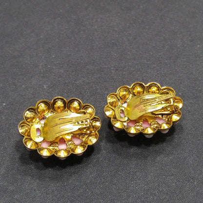 West Germany Pink Clip Earrings, Pink Glass, Faux Pearls, 1950s Vintage Jewelry