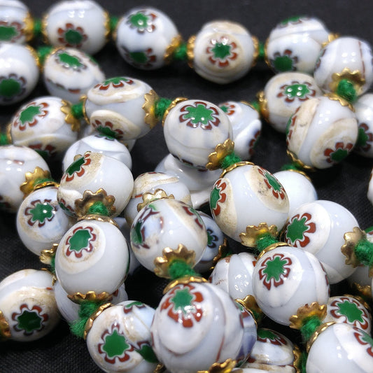 Vintage 1960s Hand Painted Floral Beaded Necklace – Green & Red Flowers – 28 In