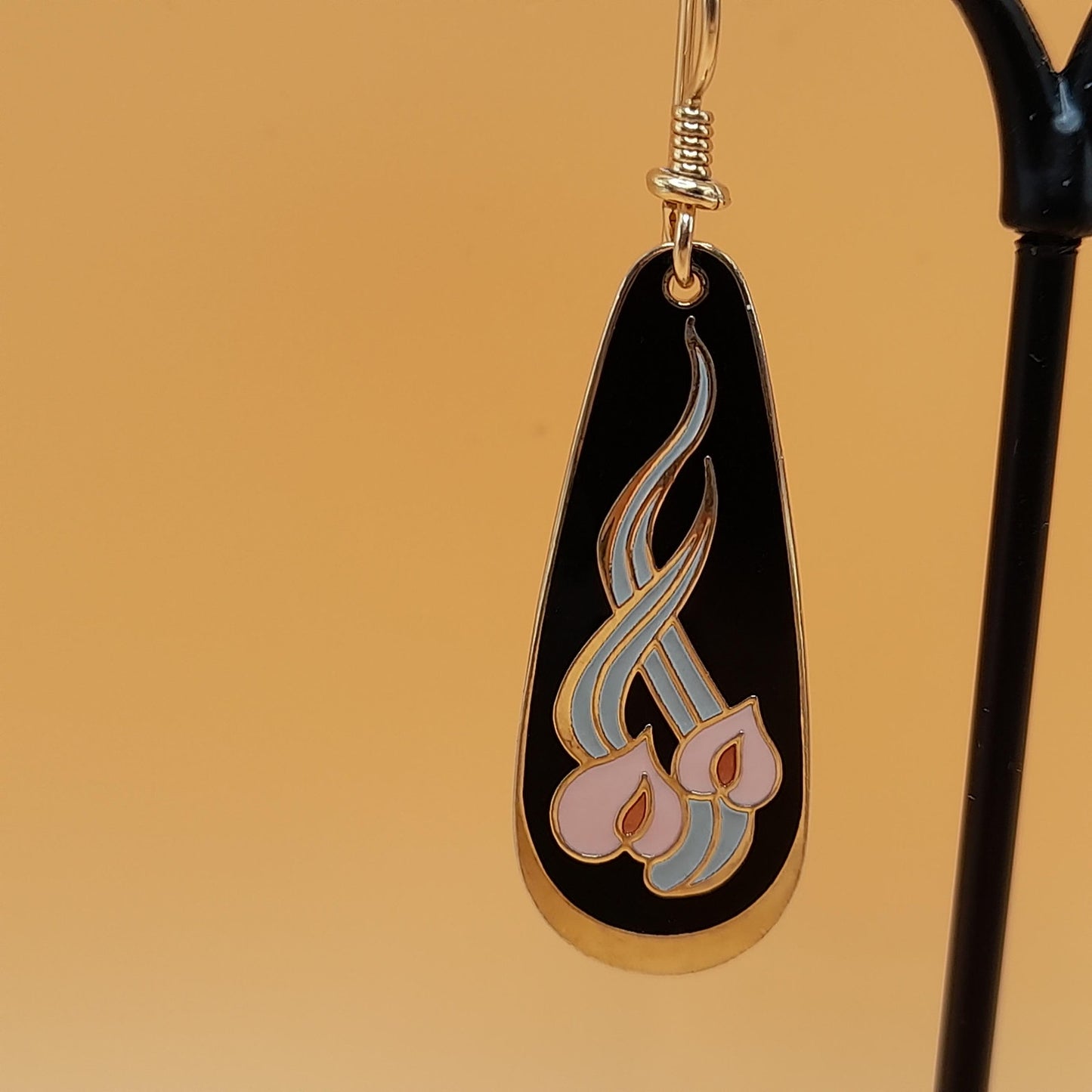 Vintage Laurel Burch "Wild Anthurium" Floral Earrings, Gold Plated, Cloisonné Enamel, 1980s Vintage Jewelry