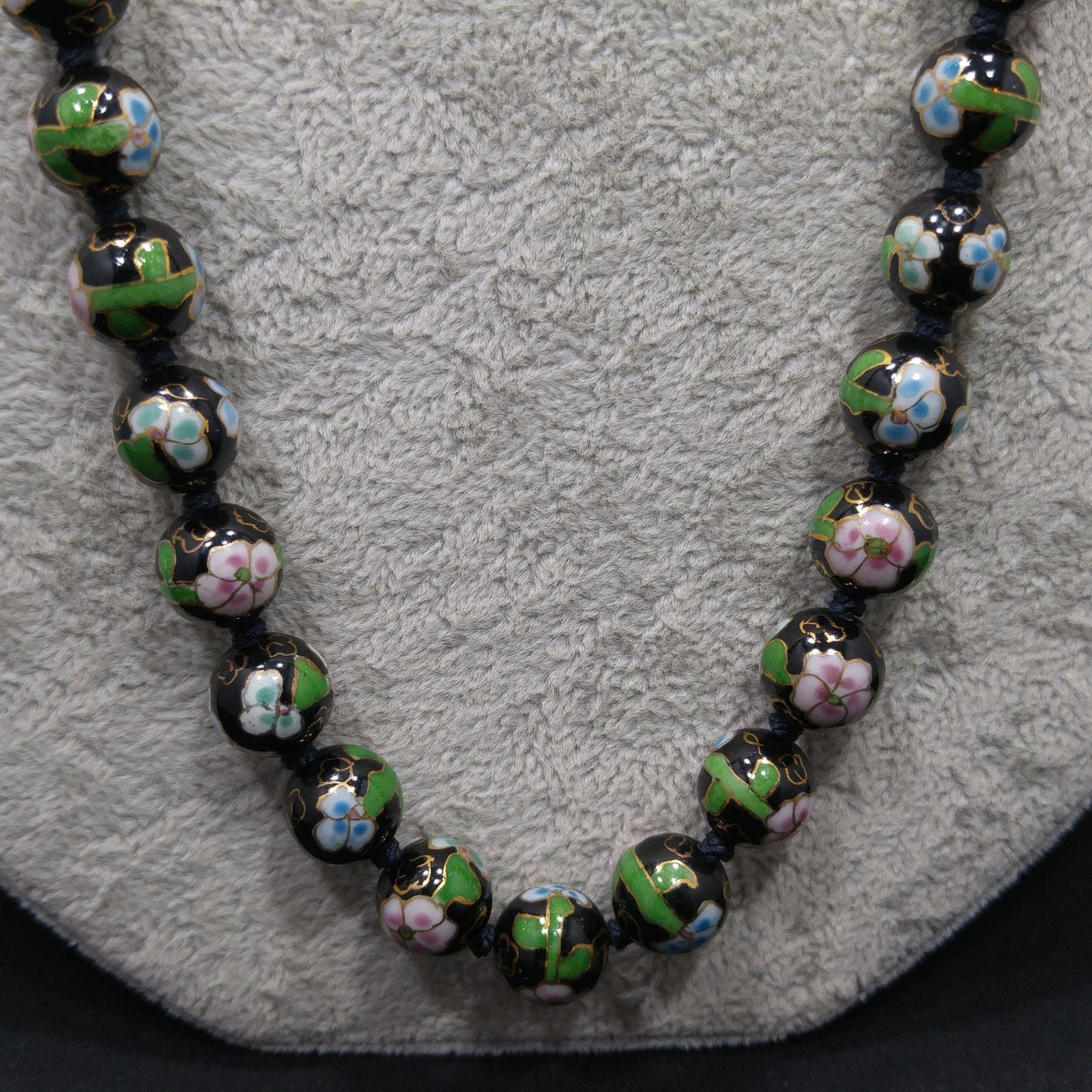 Vintage Black Cloisonné Floral Beaded Necklace, Pink Green Flowers, 1960s Vintage Jewelry