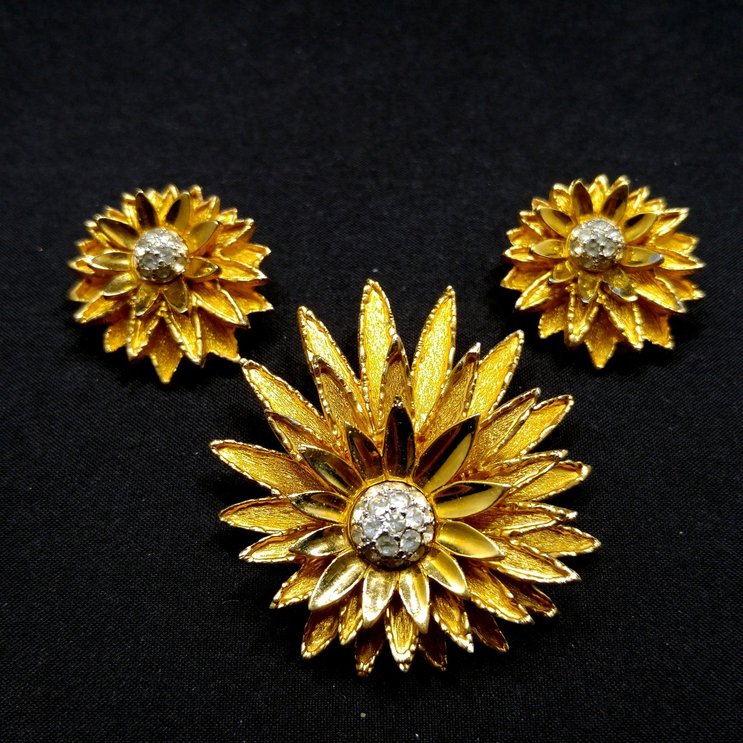 Joseph Mazer Flower Brooch & Earrings, Gold Plated, 1960s Vintage Jewelry