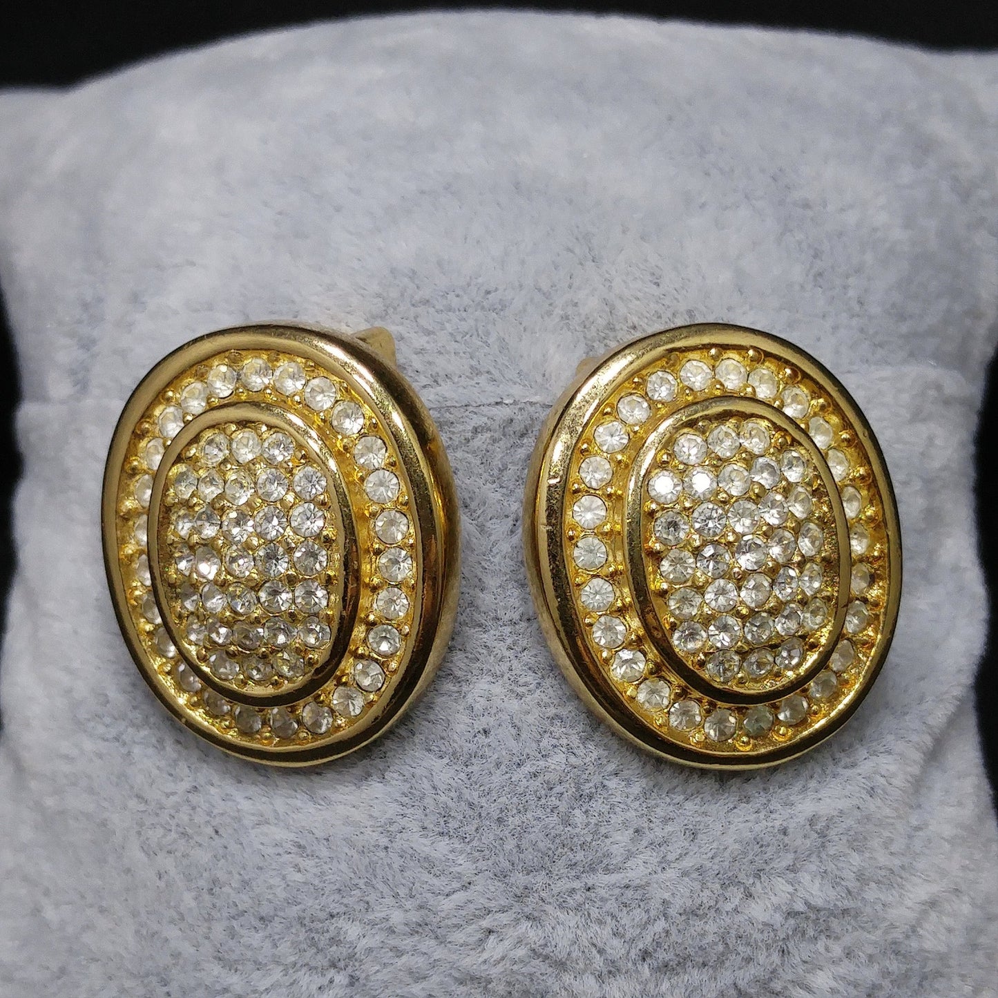 Vintage Christian Dior Pave Clear Rhinestone Clip Earrings, Gold Plated, 1980s