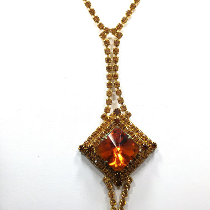 Topaz Glass Rhinestones Long Necklace Earrings, Rivoli Rhinestones, Gold Plated, 1960s Vintage Jewelry