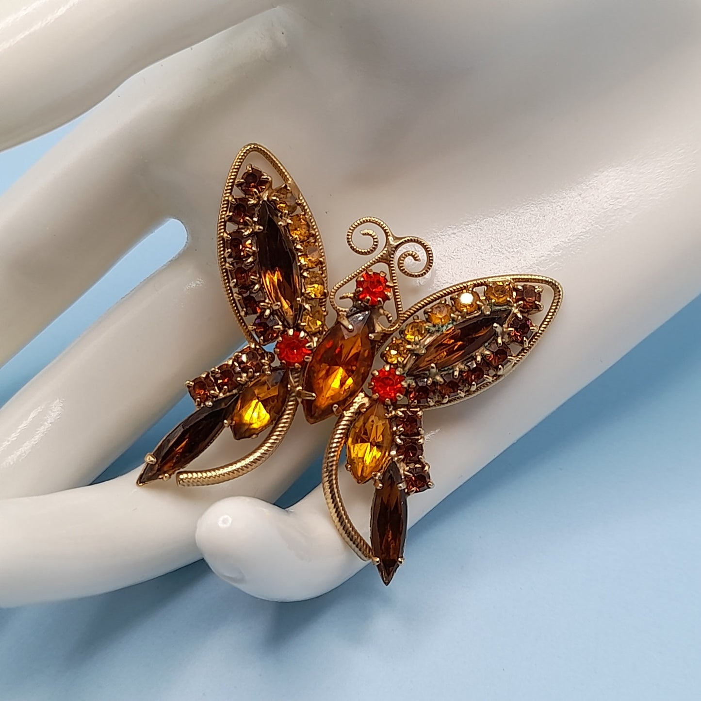 Vintage Butterfly Brooch Topaz Orange Gold Rhinestones