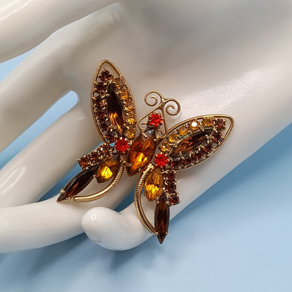 Vintage Butterfly Brooch Topaz Orange Gold Rhinestones