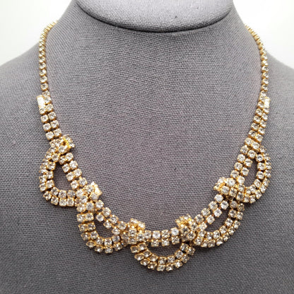 Vintage Looped Clear Rhinestone Necklace, Gold Tone, 1950s
