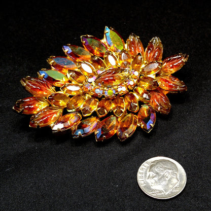 Topaz Rhinestone Lava Glass Brooch, Gold Plated, 1960s Vintage Jewelry