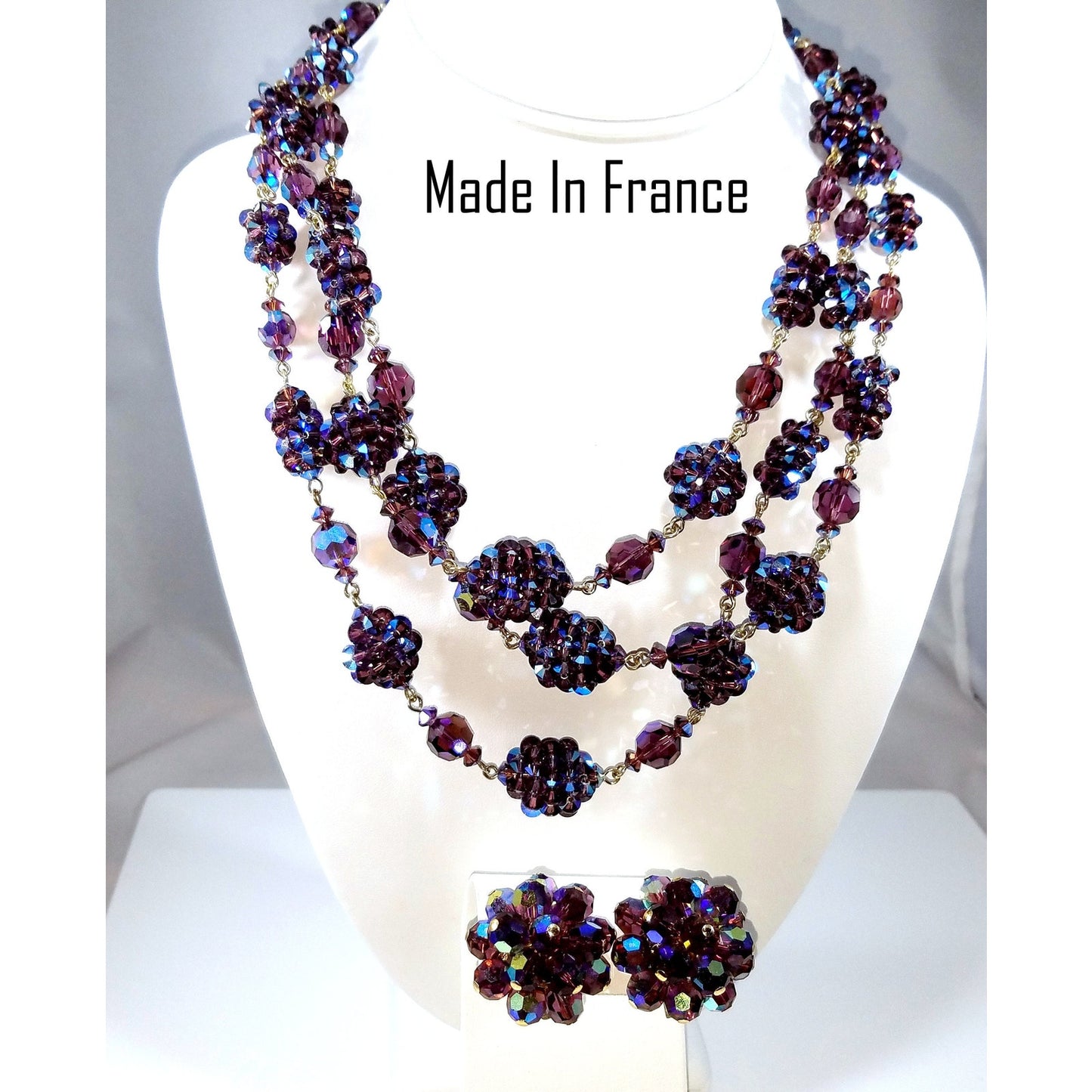 Vintage Made in France Purple AB Crystal Necklace Earrings Set 1950s Demi Parure