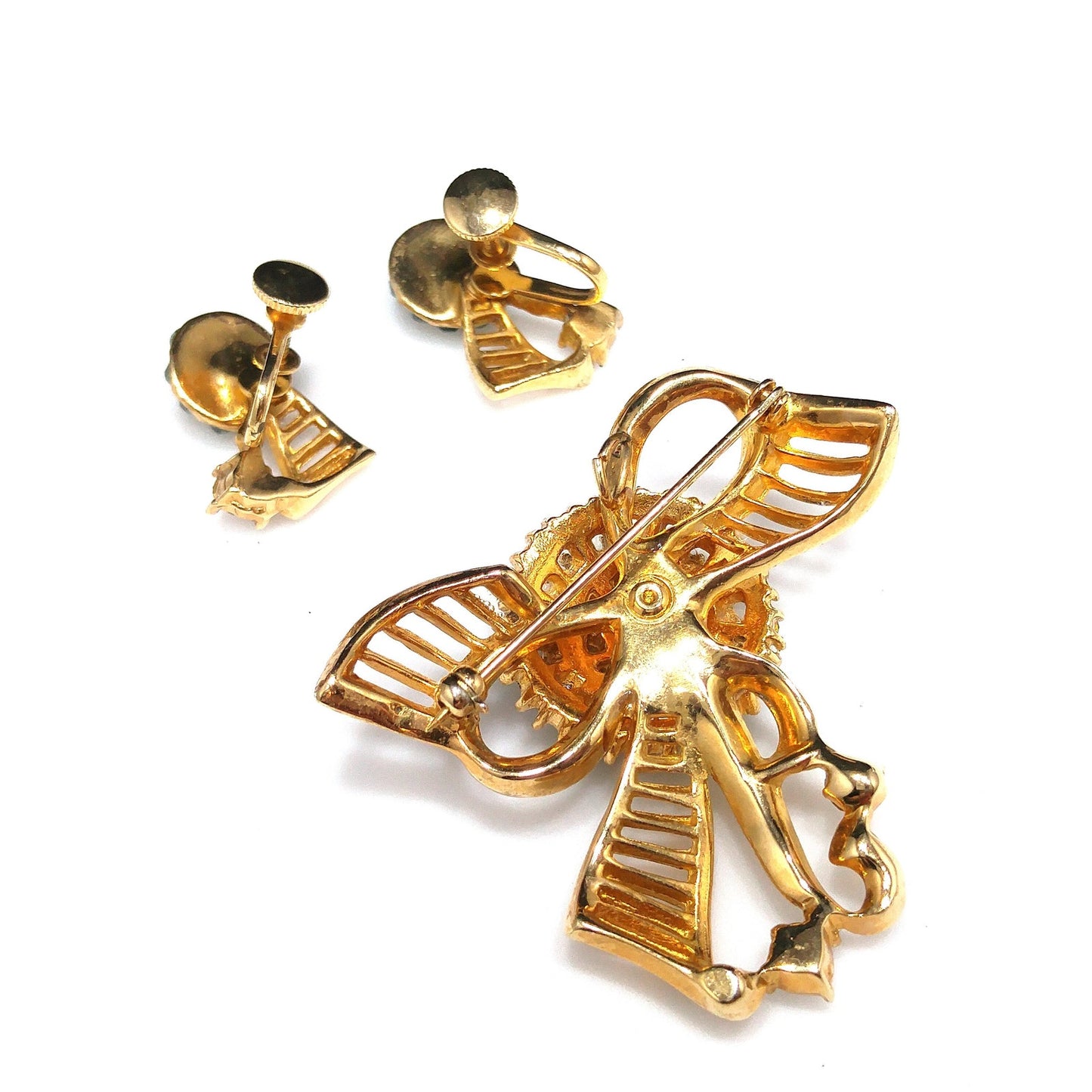 Green Rhinestone Brooch & Earrings, Gold Plated, 1940s Vintage Jewelry