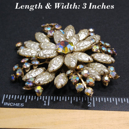 Large Flower Pearled Lava Glass Brooch, Aurora Borealis Rhinestones, 1950s Vintage Jewelry