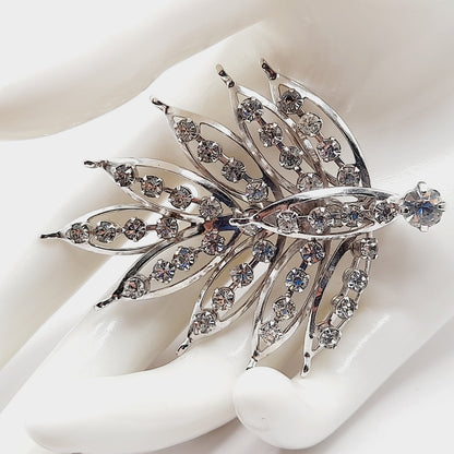 Vintage Clear Rhinestone Leaf Brooch Silver Tone Pin - 2 3/4 Inches Lightweight
