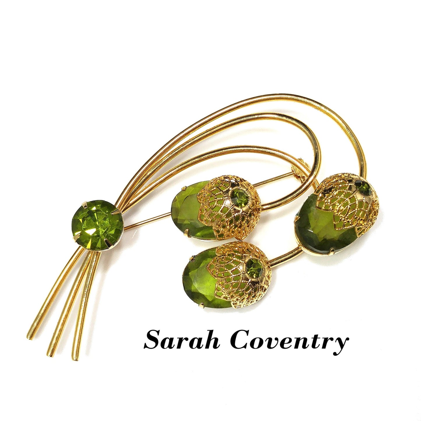 Sarah Coventry Touch of Elegance Green Crystal Brooch Gold Tone 1970s