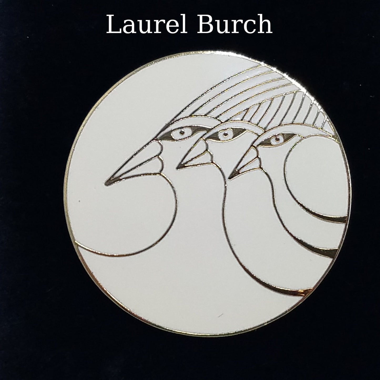 Vintage Laurel Burch Celestial Birds Brooch, Gold Plated Cloisonne, 1980s