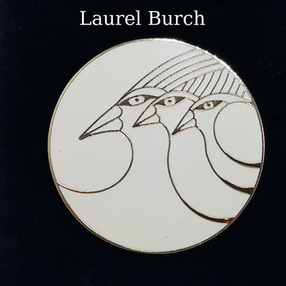 Vintage Laurel Burch Celestial Birds Brooch, Gold Plated Cloisonne, 1980s