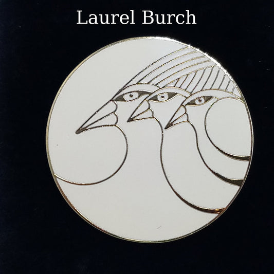 Vintage Laurel Burch Celestial Birds Brooch, Gold Plated Cloisonne, 1980s