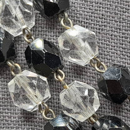 Vintage Art Deco Black and Clear Crystal Necklace – 1920s Wire Wrapped Flapper Beads – 53 Inches
