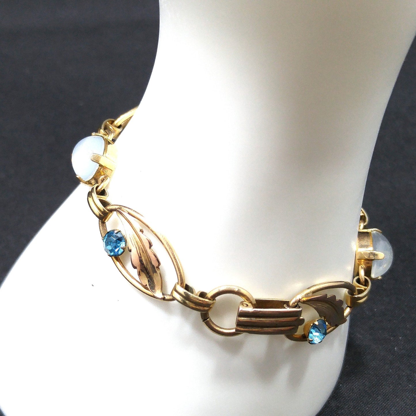 Van Dell 12K Gold Over Sterling Leaves Bracelet, Faux Moonstones, Blue Rhinestones, 1940s Vintage Jewelry