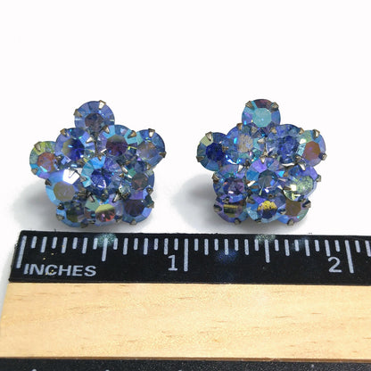 Weiss Blue Aurora Borealis Earrings, Screw Back Gold Plated, 1950s Vintage