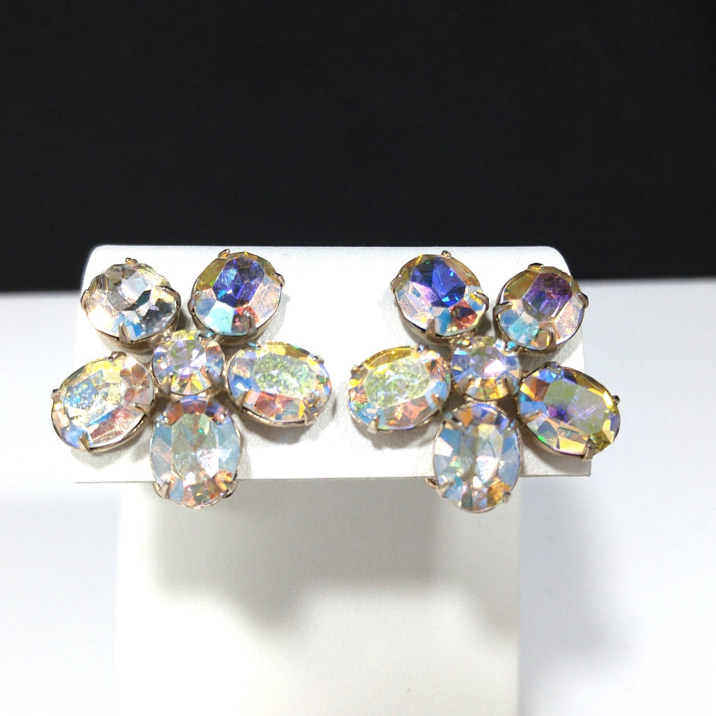 Weiss Aurora Borealis Clear Rhinestone Earrings, Flower Clip Earrings, 1950s Vintage Jewelry