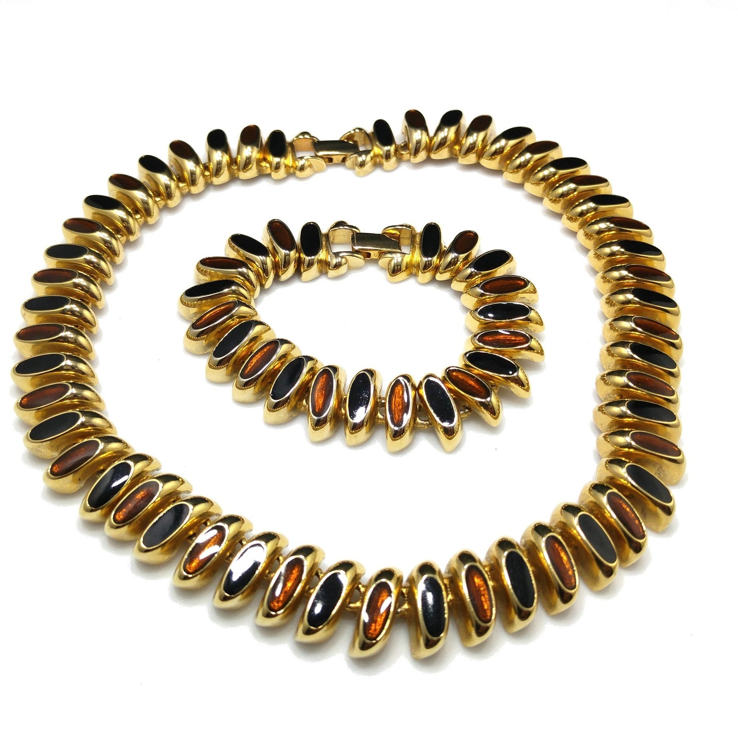 Erwin Pearl Enamel Necklace & Bracelet, Brown Black Enamel, Gold Plate, 1980s Vintage Jewelry