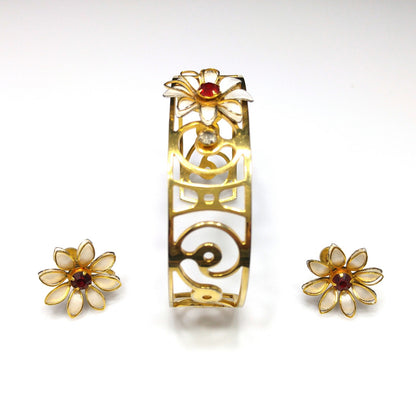 Bugbee & Niles Floral Cuff Bracelet Screw-back Earrings Set, Red Rhinestones, 1940s