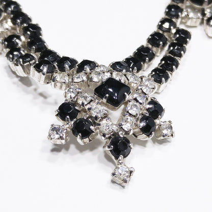 Vintage Black & Clear Rhinestone Festoon Necklace, Rhodium Plating, 1950s