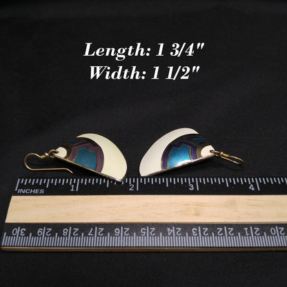 Laurel Burch White Purple Blue Enamel Fan Earrings, Gold Plated Cloisonne, 1980s Vintage Jewelry