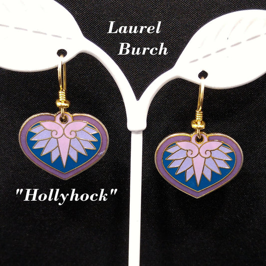Vintage Laurel Burch "Hollyhock" Floral Earrings, Gold Plated Enamel Pink Purple