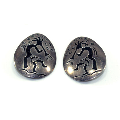 Navajo Clip Earrings, Sterling Silver Kokopelli, Della & Francis James, 1960s